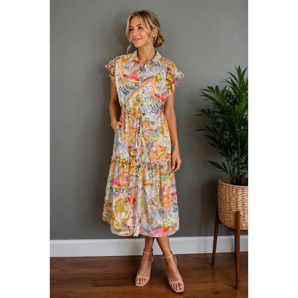 Orfeo Paris Kimi Abstract Print Cotton Tiered Midi Shirt Dress Small